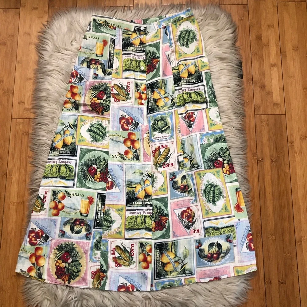 Anthropologie DR2 Linen Novelty Fruits Patchwork Multicolor Midi A-line Skirt M - Picture 1 of 10